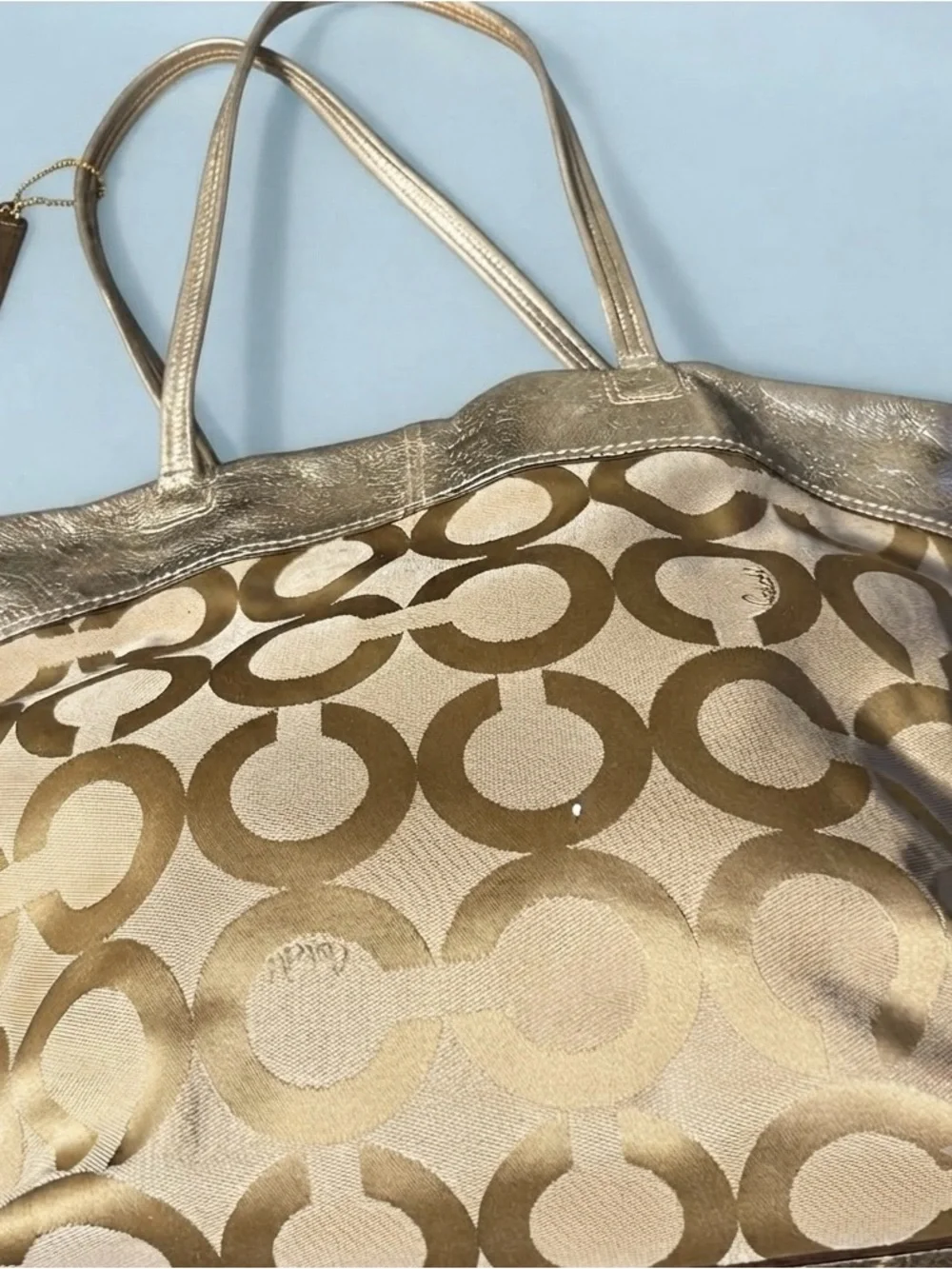 Coach 15013 Julia Op Art Metallic Gold Logo Jacquard & Leather Shoulder Tote Bag